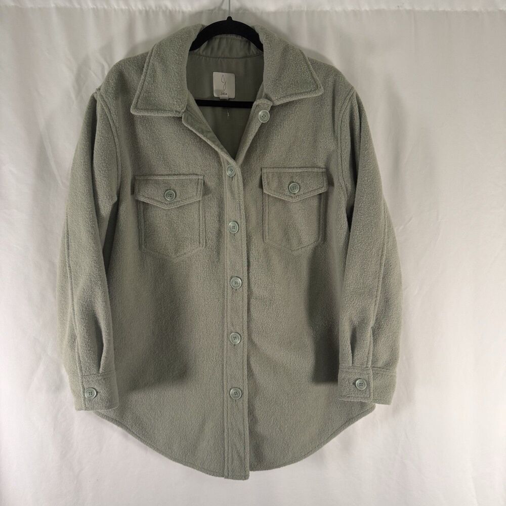 Joie Fleece Shacket Women's Large Solid Green Button Up Pockets Collared